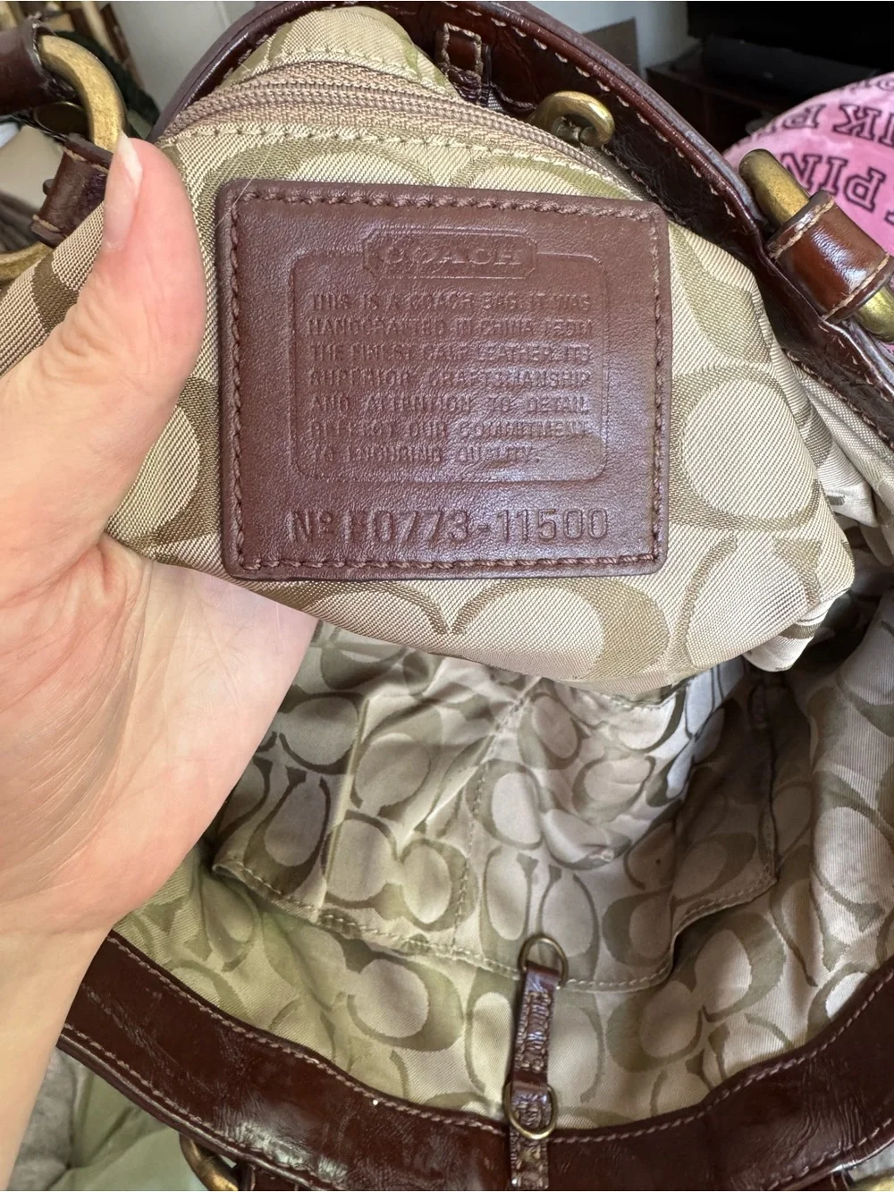 Coach Brown Leather Shoulder Tote with Floral Charm